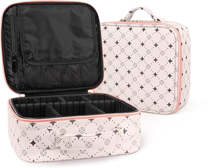 M Y U R E N Travel Makeup Bag,Waterproof Cosmetic Organizer, Adjustable Dividers,Portability Cosmetic Train Case,Makeup organizer,Gift for Women,Girls Gift (Beige+Pink)