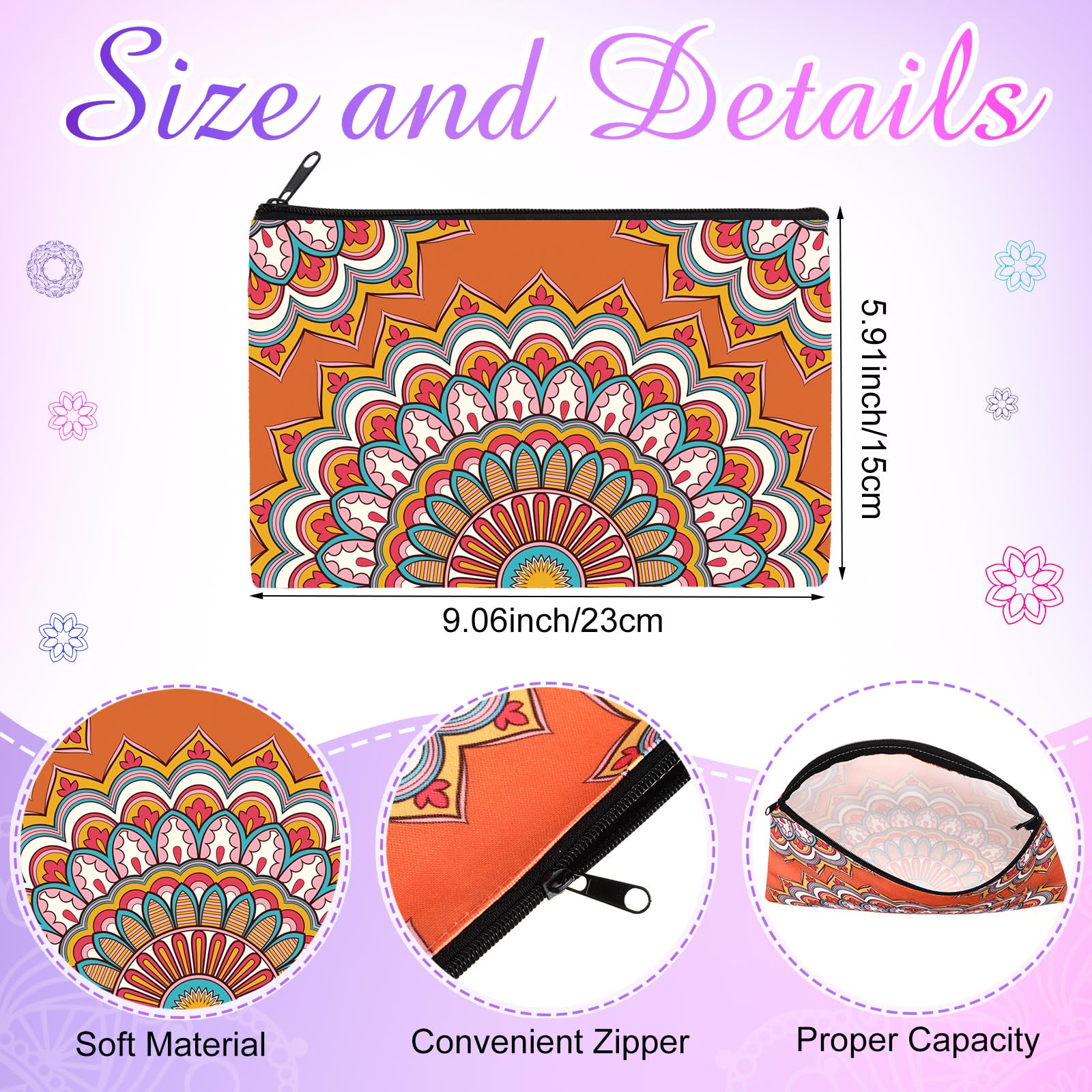 Hillban 36 Pcs Mandala Makeup Bags Bohemian Cosmetic Bags for Women Mandala Flowers Travel Toiletry Pouch with Zipper Portable Organizer Pouch for Cosmetics Makeup Brushes, 12 Styles