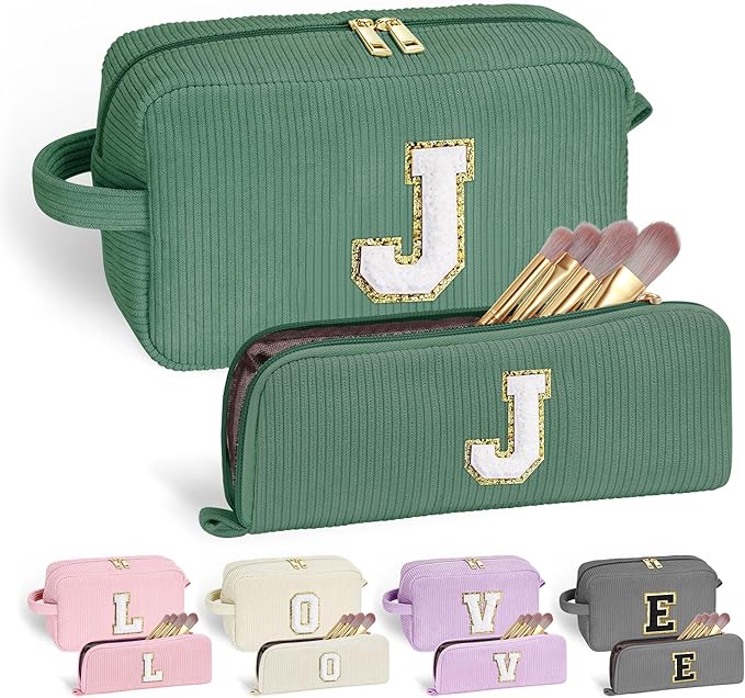 YOOLIFE Personalized Gifts - Travel Makeup Bag Cute Makeup Bag Make Up Bag Monogram Makeup Bag Travel Toiletry Bag Best Friend Birthday Gifts Bridesmaid Wedding Gifts for Women Her Girls Letter J