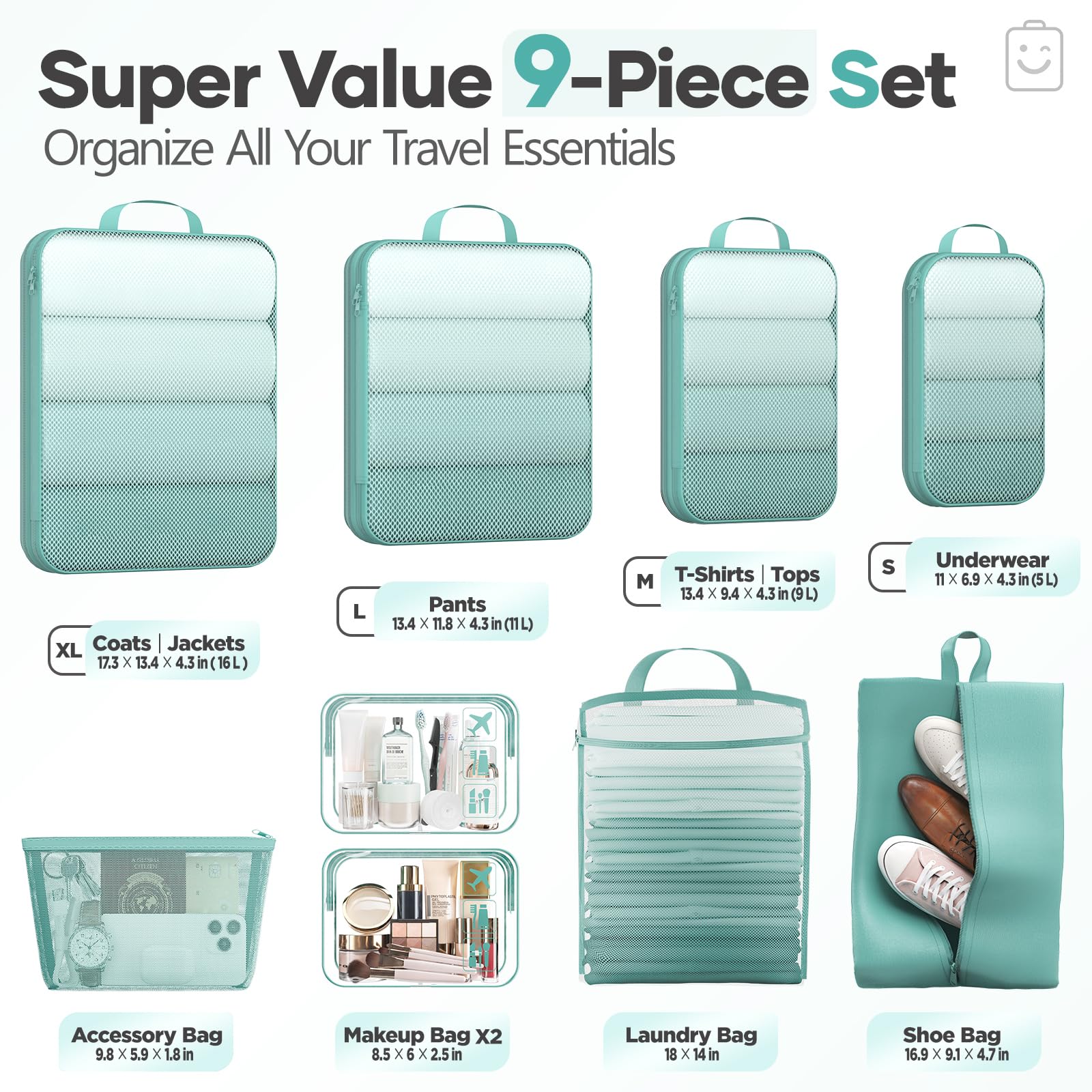 Veken 9/11 Set Compression Packing Cubes Garment Bags for Travel Essentials,Compressible Expandable Luggage Organizer Bags for Clothing,Space Saver Bags with Over 1000 pcs of Mesh Holes(Blue Green)