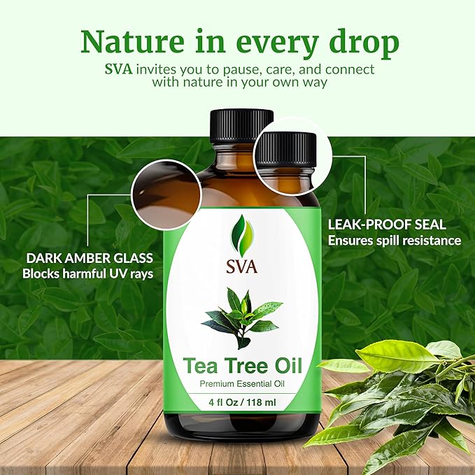 SVA Tea Tree Essential Oil 4 Fl Oz – for Diffuser, Skin & Hair Care – Ideal for Massage & DIY Blends – with Dropper