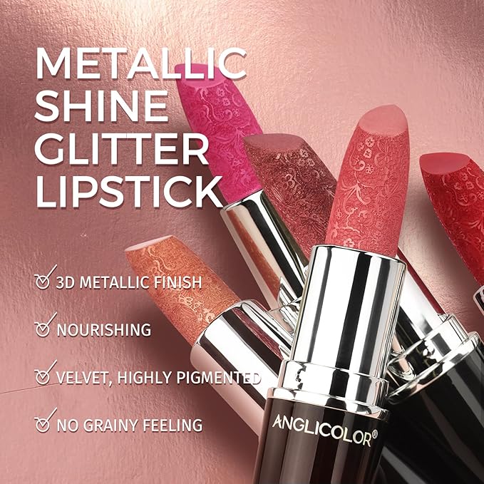 Anglicolor 2pcs Metallic Glitter Nude and Pink Lipstick High Impact Lipcolor,Moisturizing Creamy Formula,Lipstick For Women,Smooth and Non-Sticky,Full-Coverage Lip Color