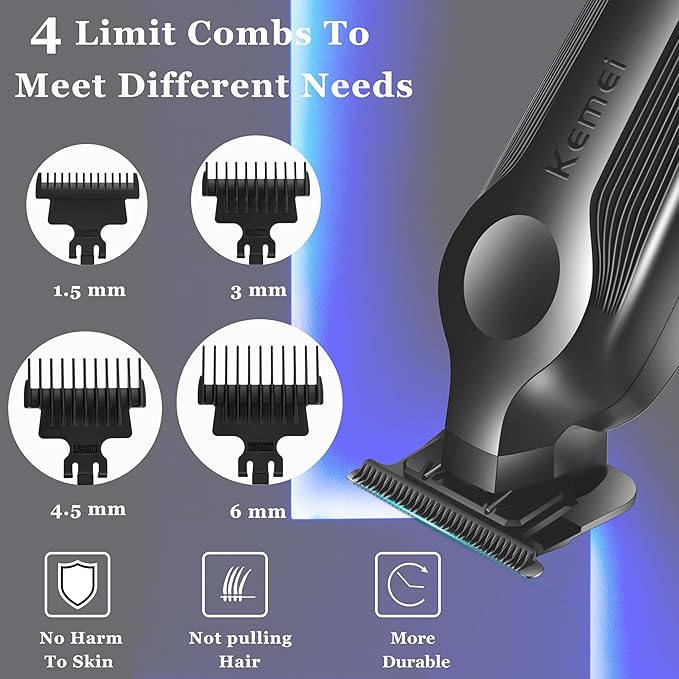 KEMEI Hair Trimmer for Men, Zero Gapped Cordless Hair Clippers Beard Trimmers with T Blade, Rechargeable Barber Clipper with LED Display, Black