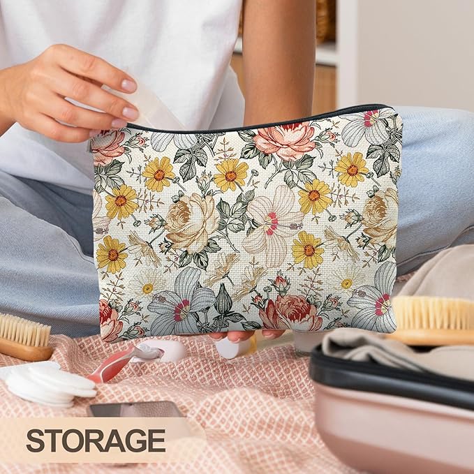 RYYCDOI Floral Makeup Bag, Vintage Floral Pouch for Women, Aesthetic Makeup Bag, Flower Gifts for Women, Gifts for Flower Lovers, Colorful Garden Flowers Makeup Pouch