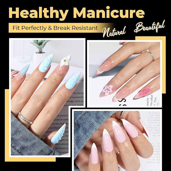 UNA GELLA 600Pcs Medium Stiletto Gel Nail Tips, Pre Etched Medium Stiletto Press on Nails & Sharp Almond Shape Full Cover Soft Gel Nails Tips for Nail Extensions DIY Art Salon 12 Sizes at Home