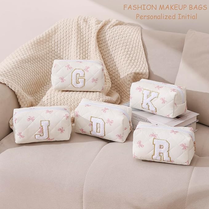 Gleyemor Personalized Initial Makeup Bag for Women, Cute Quilted Pink Floral Cotton Cosmetic Bag, Christmas Gifts for Her Mom Friend Sister Bridesmaid Teacher Women U