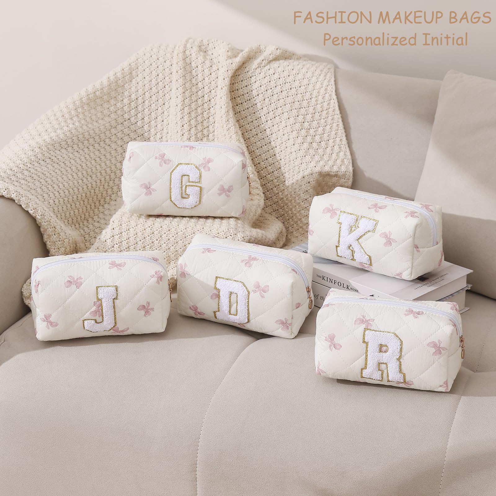 Gleyemor Personalized Initial Makeup Bag for Women, Cute Quilted Pink Floral Cotton Cosmetic Bag, Christmas Gifts for Her Mom Friend Sister Bridesmaid Teacher Women O