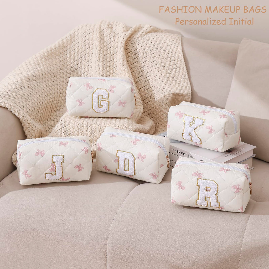 Gleyemor Personalized Initial Makeup Bag for Women, Cute Quilted Pink Floral Cotton Cosmetic Bag, Christmas Gifts for Her Mom Friend Sister Bridesmaid Teacher Women G