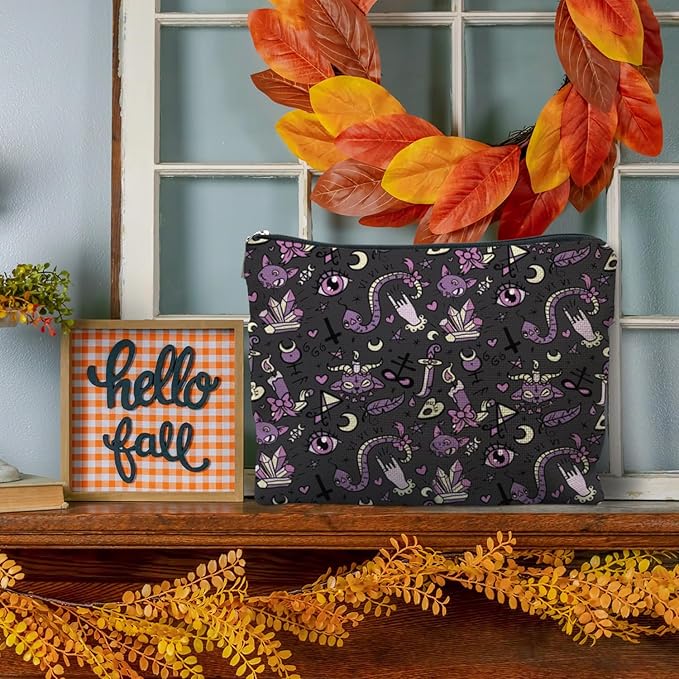 RYYCDOI Purple and Black Halloween Makeup Bag, Witchy Gothic Makeup Bag, Snake Pattern, Waterproof Linen, Unisex-Adult