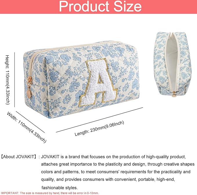 JOVAKIT Makeup Bag Cosmetic Bags for Women, Christmas Gifts for Girls Age 6-18, Alphabet Pink Floral Coquette Zipper Travel Makeup Pouch, Organizer Case Trendy Stuff (Pink+ Blue A)