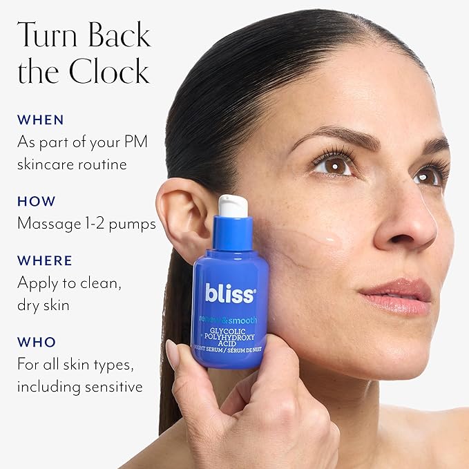 Bliss Renew & Smooth Night Serum – Glycolic Acid + Polyhydroxy Acid Exfoliating Serum – Resurfaces Skin, Smooths Texture & Brightens Tone Overnight – 1 Fl Oz
