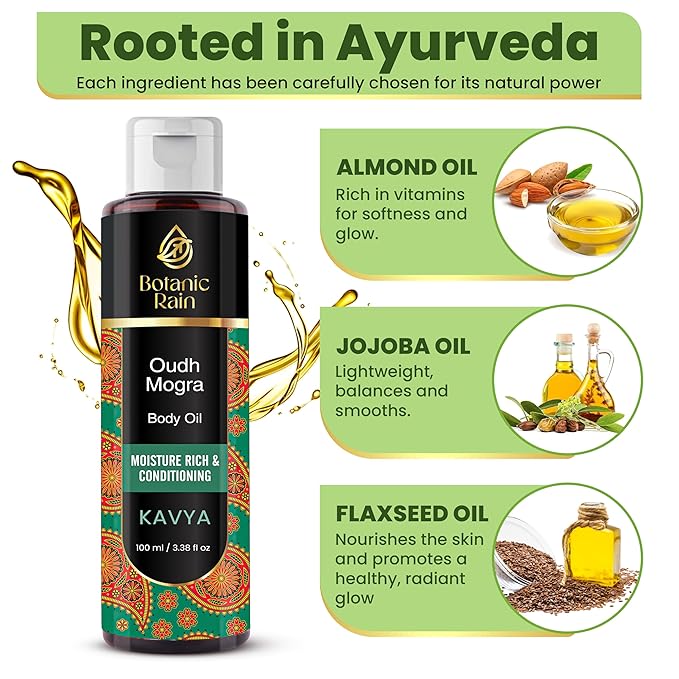 Botanic Rain Ayurveda Body Oil for Dry & Crepey Skin – Non-Greasy After Shower Lightweight Moisturizer with Oudh & Mogra, 3.38 fl oz (1, Mogra)