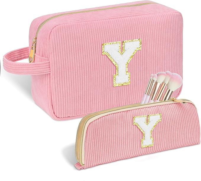 Sernaxi Personalized Initial Makeup Bag Trendy Stuff Corduroy Cosmetic Bag Travel Toiletry Bag, Valentine’s Day Gift Makeup Organizer Case & Makeup Pouch for Women teen Girls Mom Girlfriend Wife