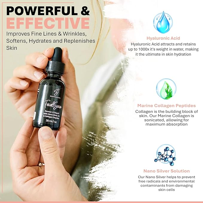 Facial Serum - Hyaluronic Acid, Collagen, Nano Silver, Acne, Wrinkles - 1oz