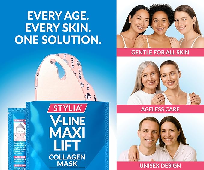 Stylia MaxiLift V-Line Lifting Collagen Face Mask - Double Chin Strap - Jawline Shaper - Neck Firming and Tightening Mask with Hyaluronic Acid & Aloe Vera - Chin Strap for Sleeping (10PC)