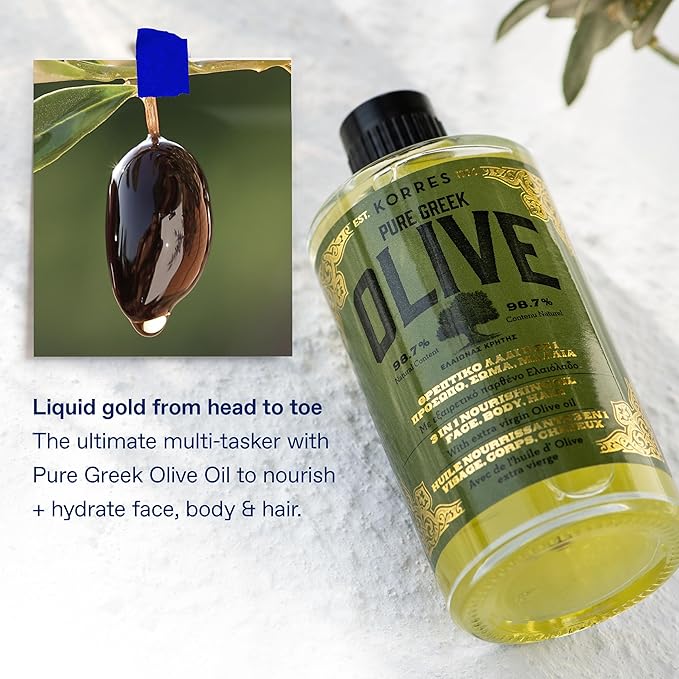 KORRES Extra Virgin Olive Oil for Face, Hair & Body, Moisturizer 3.38 Fl Oz