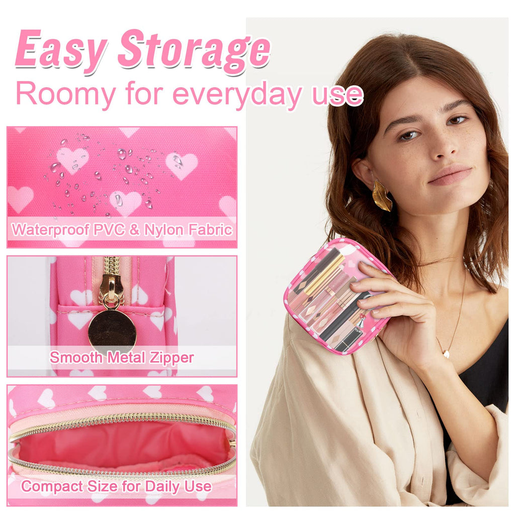 Mini Clear Travel Makeup Organizer Bag for Purse, Samll Cute Preppy Pink Makeup Bag Cosmetic Zipper Pouch Purse, Transparent PVC & Nylon Waterproof Toiletry Storage Clutch for Women Girls(Pink Heart)