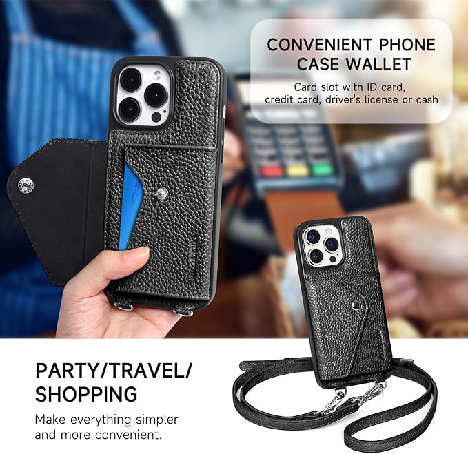 LUCKYCOIN Crossbody Wallet Phone Case for iPhone 14 Pro Max,100% Genuine Leather Wallet Phone Case with Expandable Flip Card Holder,Phone Purse for Women with Adjustable Removable Strap - Pebble Black