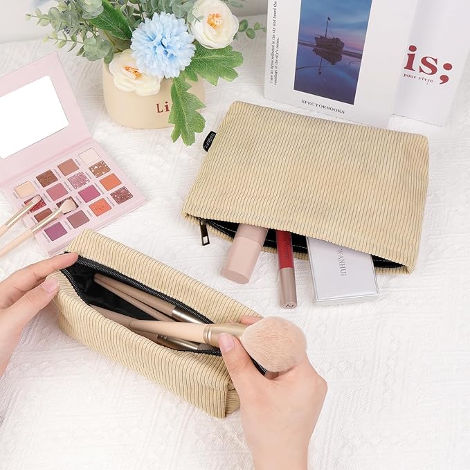 MAGEFY Small Makeup Bag 2 Pcs Corduroy Makeup Bag for Purse Zipper Make up Bag Travel Cosmetic Bag for Women Makeup Pouch for Travelling Preppy Stuff - Beige