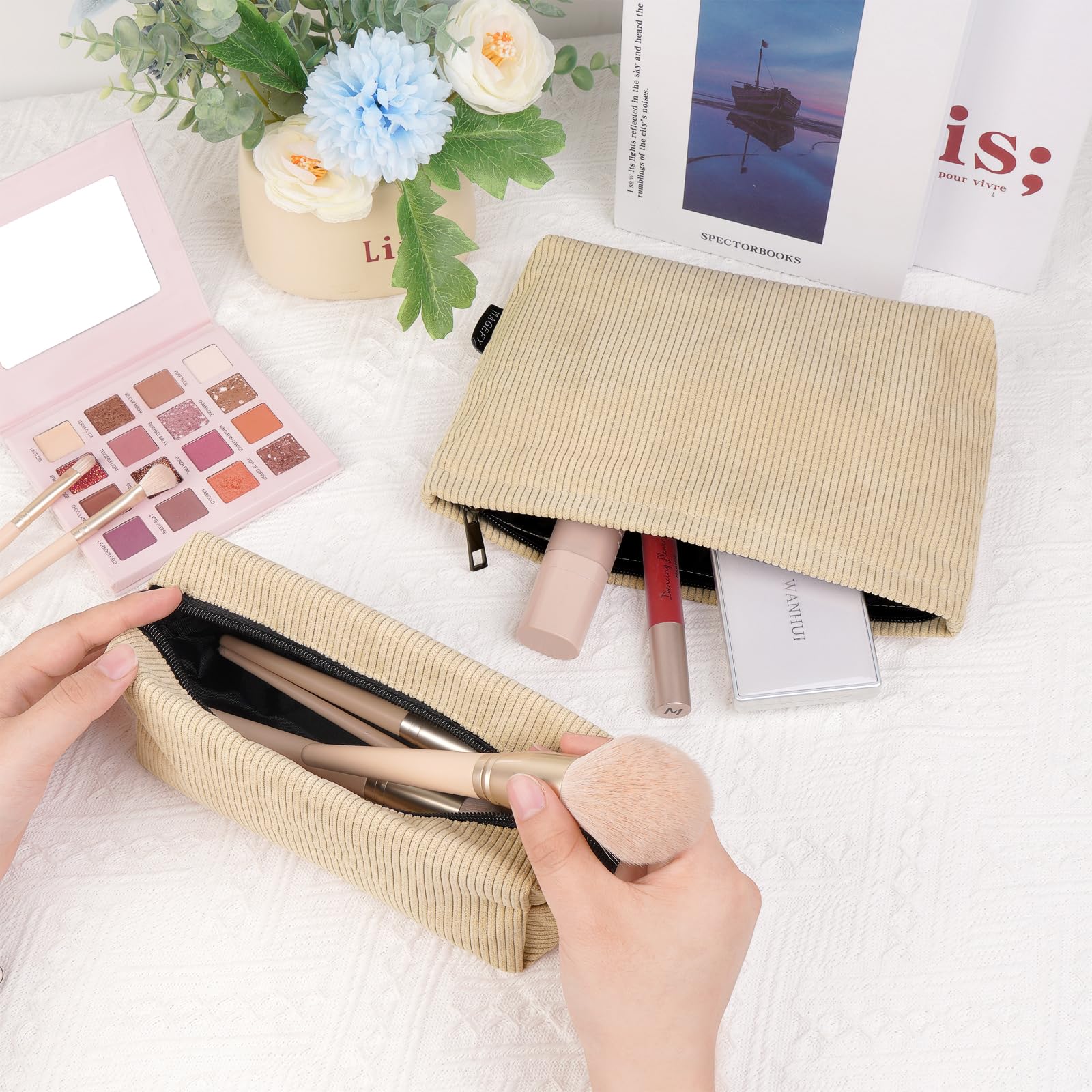 MAGEFY Small Makeup Bag 2 Pcs Corduroy Makeup Bag for Purse Zipper Make up Bag Travel Cosmetic Bag for Women Makeup Pouch for Travelling Preppy Stuff - Beige