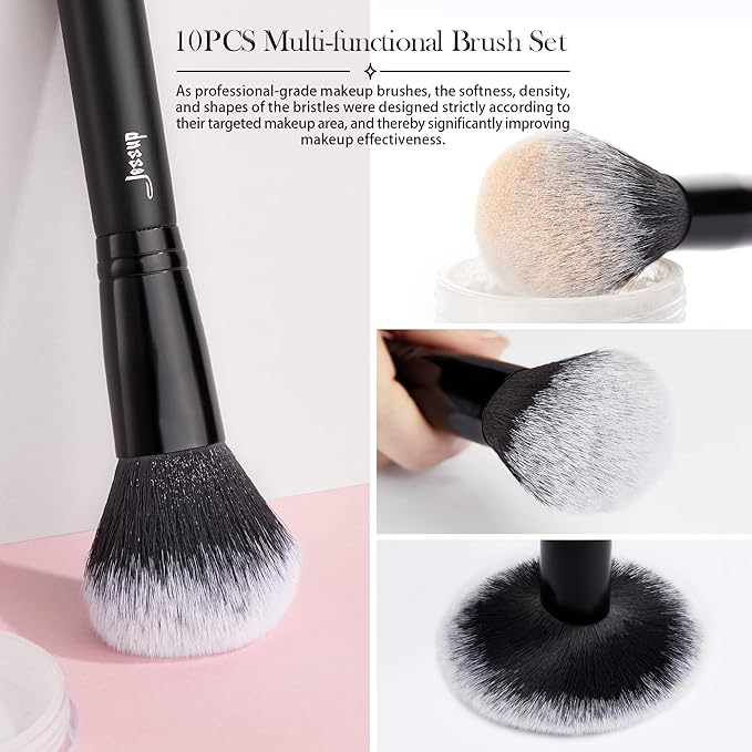 Jessup Makeup Brush Set 10pcs Black Make up Brushes Set Professional with Natural Synthetic Hair for Foundation Blending Blush Concealer Eyeshadow Eyebrow Eyeliner, T323