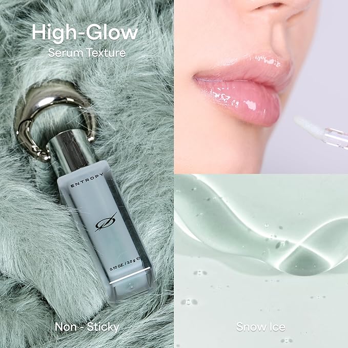 ENTROPY Makeup Glossy Lip Tint – Juicy Glow Line/Ultra Glossy Lip Serum, Nourish Lip Care with Amino Acid Complex, Hydrating, Cooling Care, Non-Sticky, High Shine Finish - Crystal Clear