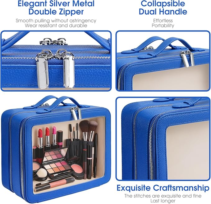 idoltimes Clear Makeup Bag,Large Toiletry Case for Women,PU Leather Travel Cosmetic Bag,Detachable Makeup Case,Double Compartment Make up Organizer