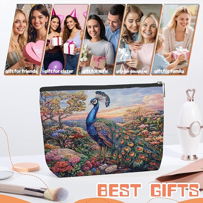 Scribesense Makeup Bag Travel Cosmetic Bags Small Makeup Case Waterproof Zipper Pouch for Women Girls 7X9inches - Peacock in A Dusk - Filled Floral Landscape