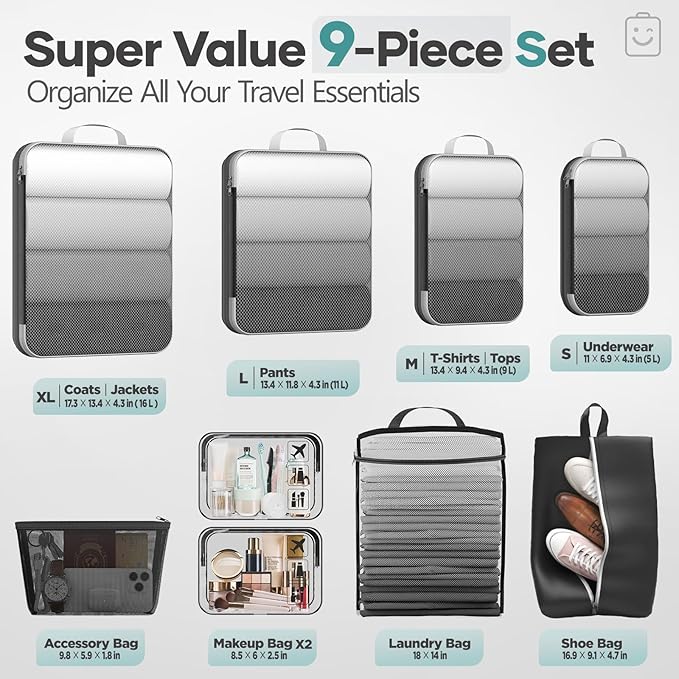 Veken 9/11 Set Compression Packing Cubes Garment Bags for Travel Essentials,Compressible Expandable Luggage Organizer Bags for Clothing,Space Saver Bags with Over 1000 pcs of Mesh Holes(Black)