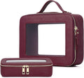 Pinkmik Clear Makeup Bag with Brush Bag 2pcs Waterproof Travel Case for Cosmetics and Toiletries Women's Cosmetic Organizer with Zipper (X/Burgundy, L+SLIM)