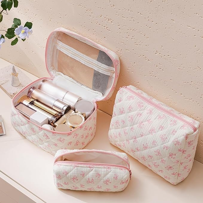 HBselect Quilted Makeup Bag, 3Pcs Cotton Large Travel Makeup Bags Organizer
