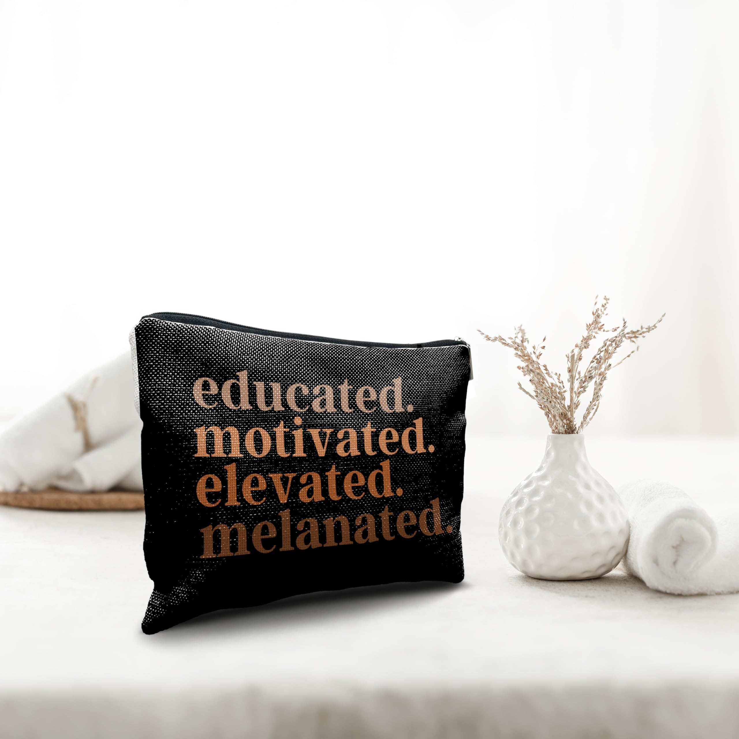 Nogrit African American Gifts,Black Women Gifts,Educated Motivated Elevated Melanated,Black Women Makeup Bag Cosmetic Bag, Melanin Makeup Travel Toiletry Bag,gifts for African American women/black