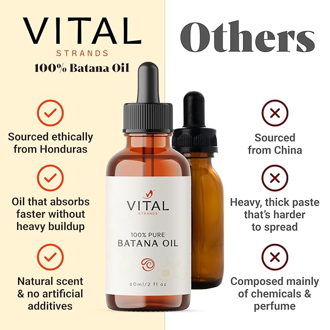 Vital Strands Batana Oil for Hair Growth – 100% Pure & Organic Botana Oil from Honduras – Strengthens, Thickens & Restores Natural Hair – Cold Pressed Raw Scalp & Hair Treatment for Men & Women – 60ml