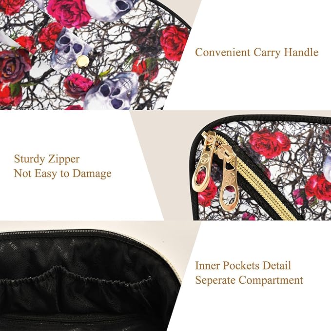 MNSRUU Makeup Organizer Bag, Skulls Rose Flowers Travel Makeup Bags Makeup Vanity Case Large Capacity Rhombus Cosmetic Toiletry Bag for Girl Women Ladies