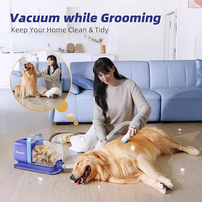 Buenkee Dog Grooming Vacuum Kit, 15000Pa Clipper, Shedding Brush, 2L, Blue