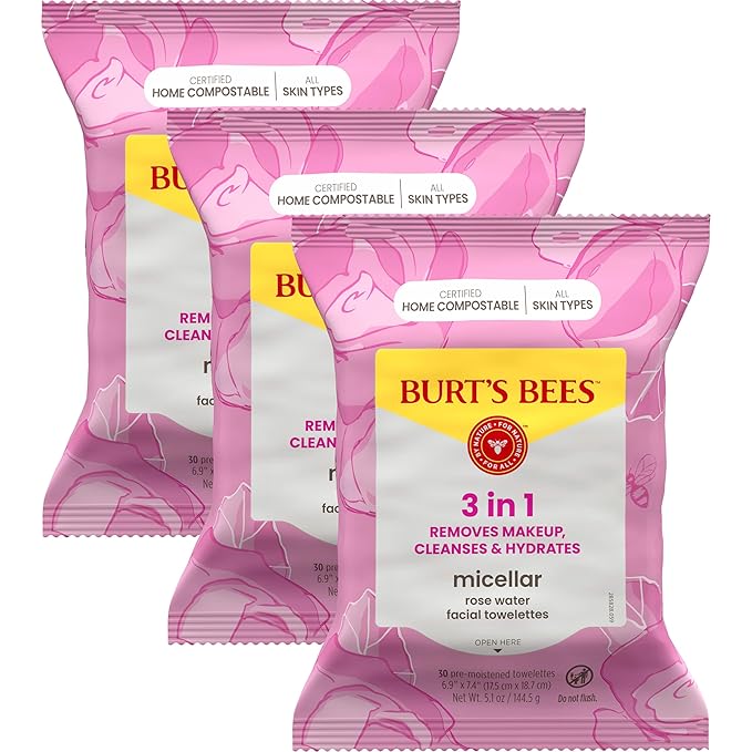 Burts Bees Micellar Rose Water Facial Towelettes, 100% Plant Based Cloth; 99% Natural Origin; Remove Makeup, Cleanse, Hydrate; No Greasy, Oily Residue; All Skin Types; 30 Ct, Pack of 3 (Pack May Vary)
