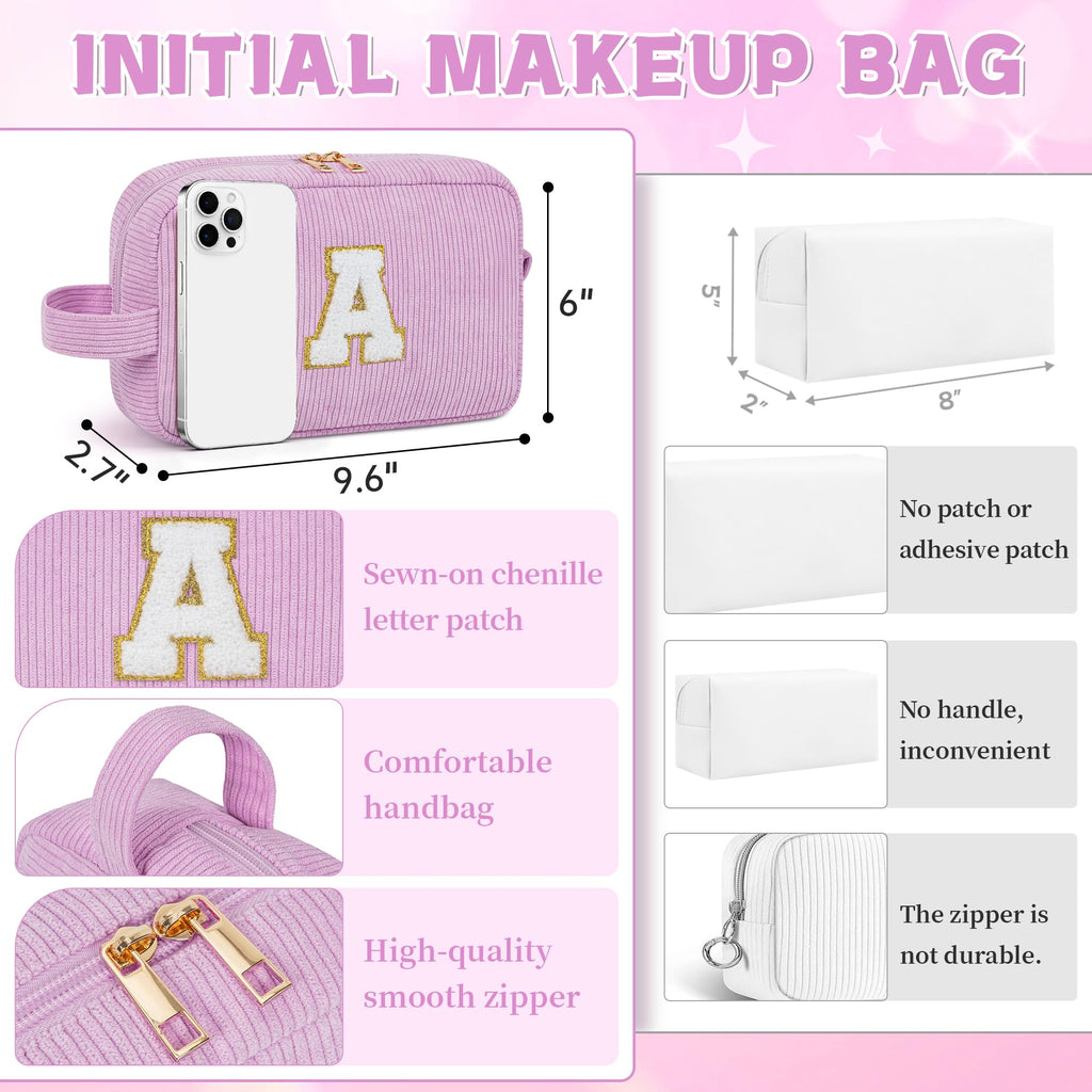 WELIDAY Initial Makeup Bag, Birthday Gift Preppy Chenille Patch Cosmetic Bag, Initial Travel Essentials Beach Toiletry Pouch, Ideal Gift for Teachers & Moms, Women and Girls (Purple, A)