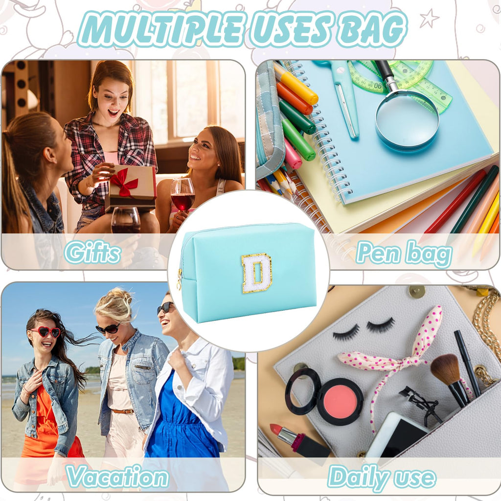 URSKYTOUS Gifts for Girls Initial Makeup Bag Personalized Cosmetic Bag with Zipper Cute Travel Toiletry Bag Waterproof PU Preppy Makeup Pouch Birthday Gift for Teen Girls Women(Blue D)