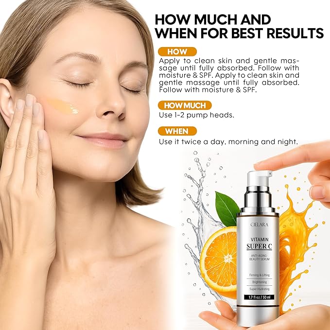 CIELARA Vitamin C Serum for Face, Anti Aging 20% Super C Serum With Vit C Hyaluronic Acid, Vitamin E, Peptides, Collagen Wrinkle Serume for Dark Spot, tighten, firming, lift, Brightening-1.9 Fl Oz