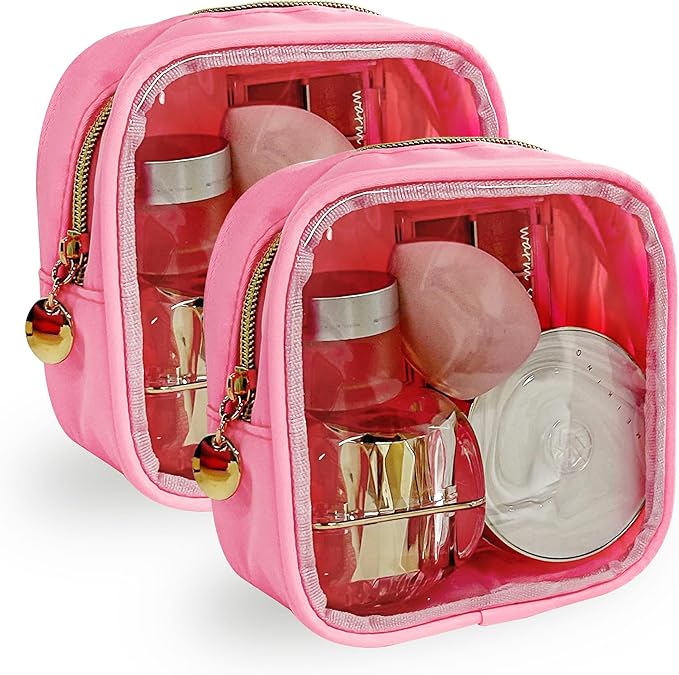 TotePrint 2PCS Pink clear Cosmetic Pouch Travel Cosmetic Case 5x5x2 inch Small Transparent Toiletry Pouch with Zipper Portabble Makeup Organizer for Women and Essentials