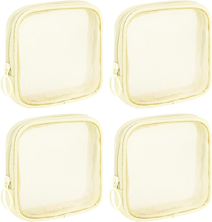 Sinzip 4 Pieces Mini Zipper Nylon Mesh Pouch, Mesh Cosmetic Bags Makeup Bags, Multipurpose Travel Toiletry Bags for Office Supplies and Travel Accessories (Beige, S)