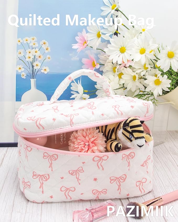 Quilted Makeup Bag for Women, Travel Cosmetic&Toiletry Bag,Bow Pink