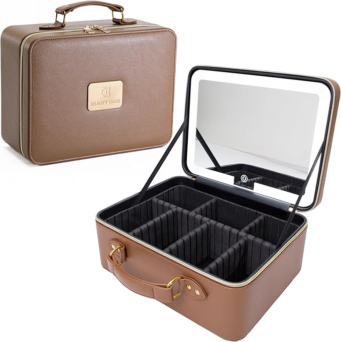 ZhenGuiRu Travle Makeup Bag with LED Mirror, Makeup Train Case with Light Up Mirror, Portable Waterproof Makeup Organizer with Adjustable Dividers, Cosmetic Brush Holder Storage for Women Gift