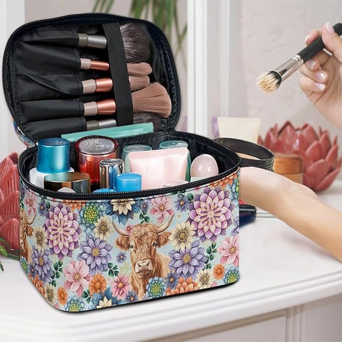 Drydeepin Boho Mandala Highland Cattle Pattern Travel Makeup Bags for Women Portable Tote Cosmetic Case with Carry Handle Toiletry Accessories Storage Organizer Bags
