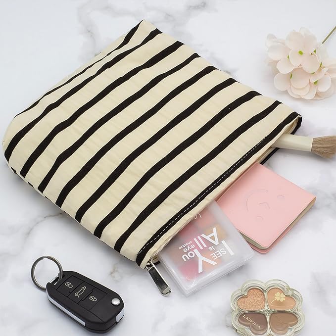 Flat Makeup Bag for Women,Zipper Cosmetic Pouch for Purse,Stripe White