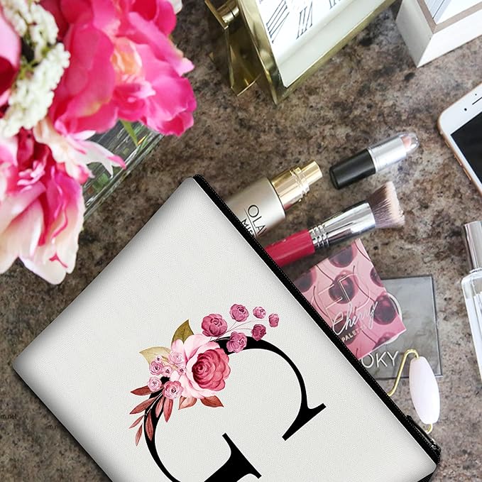 Vavabox A-Z Personalized Makeup Bag, Birthday Gifts for Women Mom, Gifts for Best Friend, Bride Bridesmaid Cosmetic bag (G, 01-White)