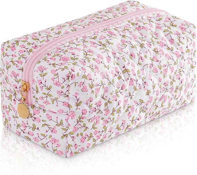 UUYUUY Makeup Bag Travel Toiletry Bag for Women, Small Cosmetic Bags Cute Quilted Cotton Makeup Pouch for Purse Emergency Bag Floral Pencil Case Accessory Bag, Pink