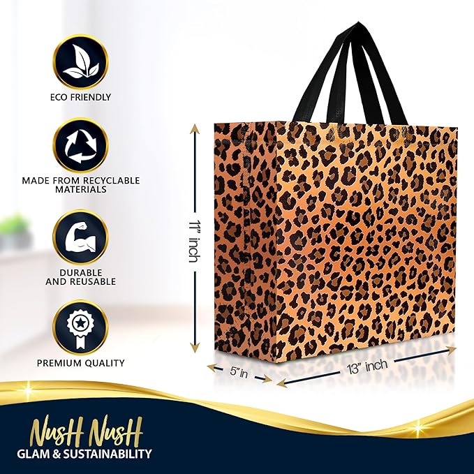 Nush Nush Large Leopard Gift Bags with Handles, 13 x 5 x 11, Set of 12