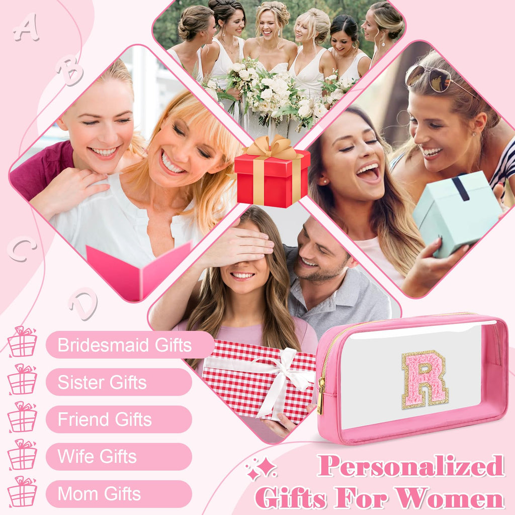 Personalized Initial Letter Clear Makeup Bag,Preppy Small Nylon&PVC Cosmetic Zipper Bag with Chenille Letter,Portable Beach Travel Skincare Toiletry Bag,Trendy Monogram Gift for Teen Girls Women,R