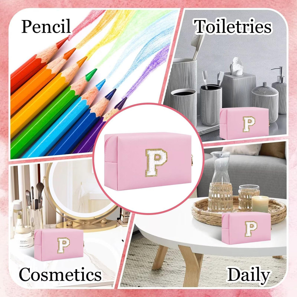 Small Personalized Letter Makeup Bag, Cute PU Leather Chenille Letters Cosmetic Bag Travel Makeup Pouch, Preppy Travel Organizer Zipper Pouch for Women&Girls（Pink-P）